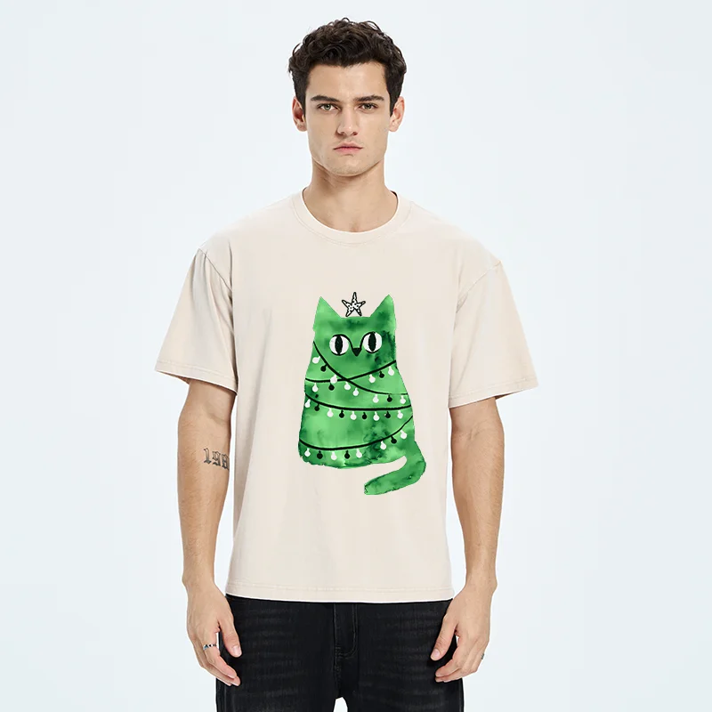 Tokyo-Tiger Christmas Tree Green Cat Washed T-Shirt