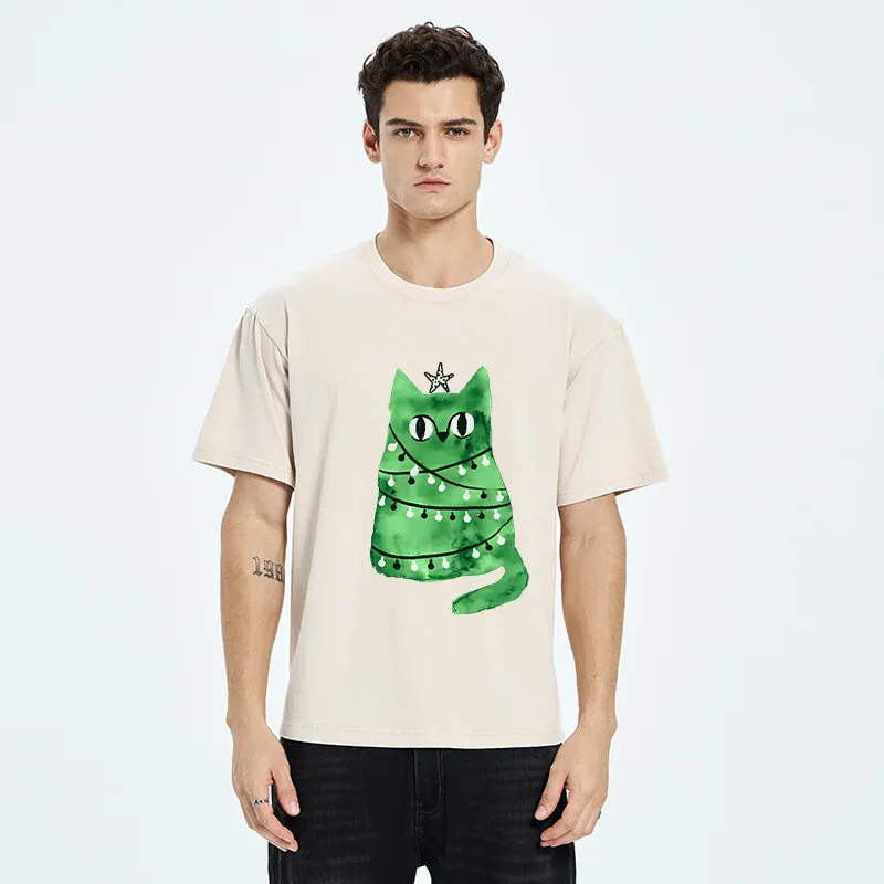 Tokyo-Tiger Christmas Tree Green Cat Washed T-Shirt