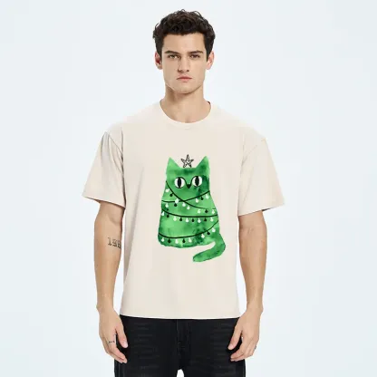 Tokyo-Tiger Christmas Tree Green Cat Washed T-Shirt