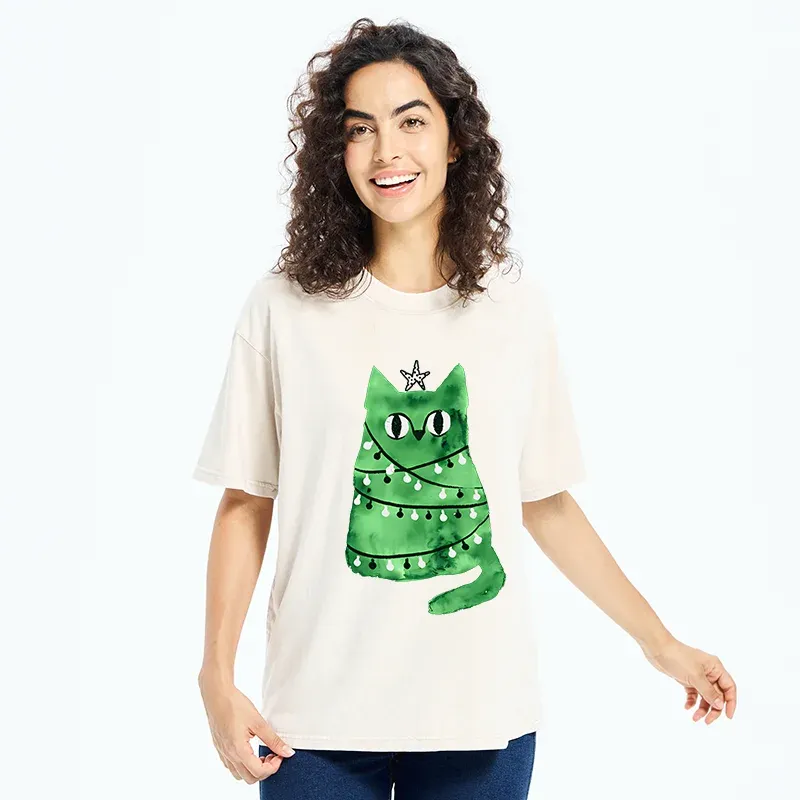 Tokyo-Tiger Christmas Tree Green Cat Washed T-Shirt