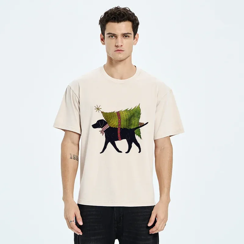 Tokyo-Tiger Dog Carrying Christmas Tree Washed T-Shirt