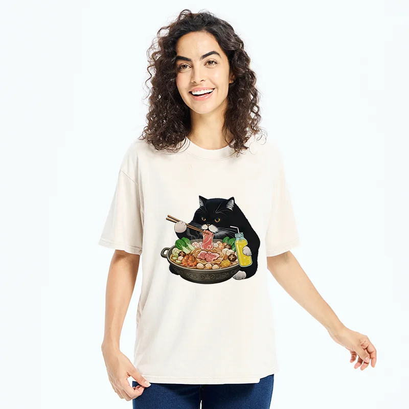 Tokyo-Tiger Black Cat Eating Hot Pot Washed T-Shirt