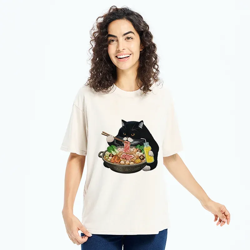 Tokyo-Tiger Black Cat Eating Hot Pot Washed T-Shirt