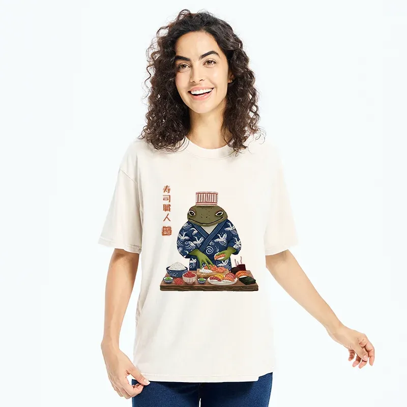 Tokyo-Tiger Frog Sushi Chef Washed T-Shirt