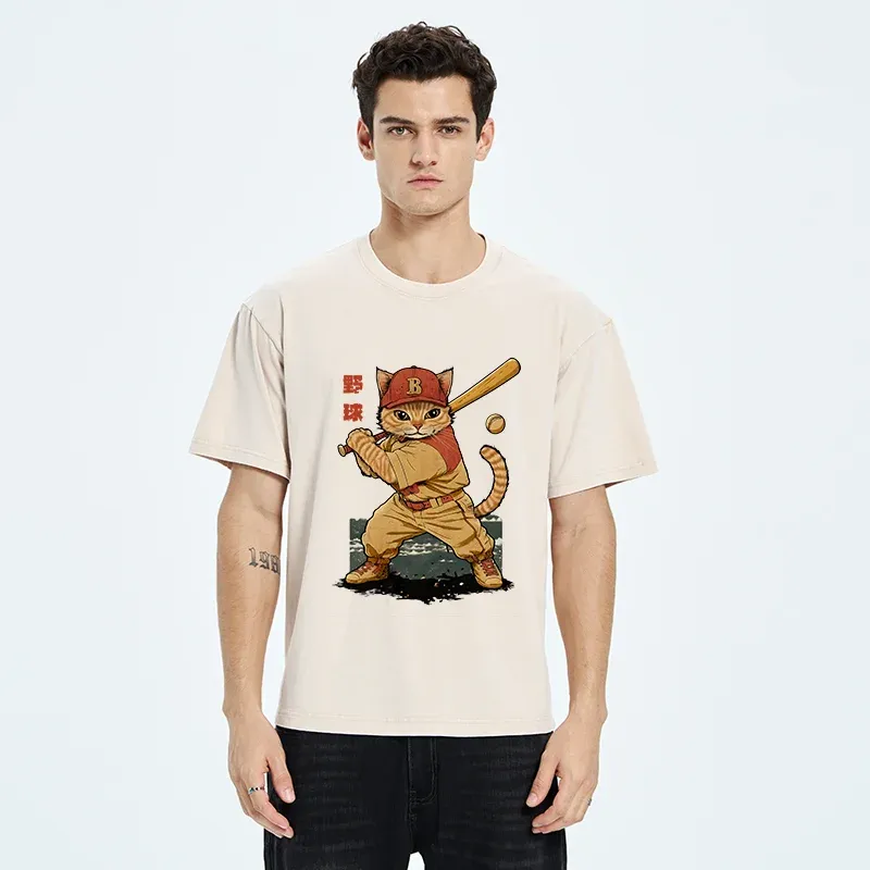 Tokyo-Tiger Baseball Cat Player Washed T-Shirt