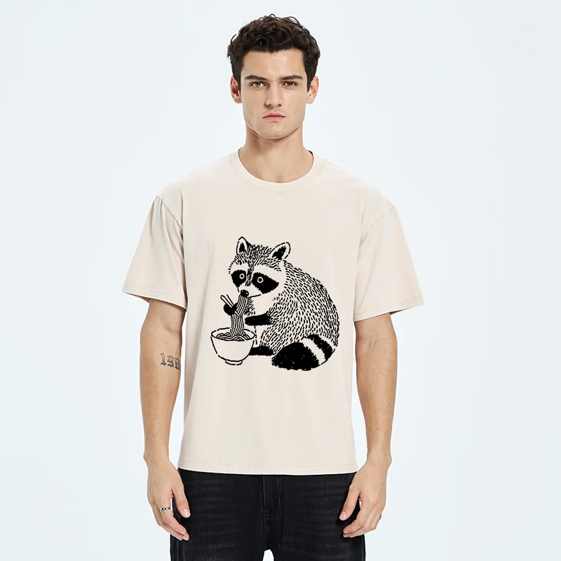 Tokyo-Tiger Cute Raccoon Eating Ramen Washed T-Shirt