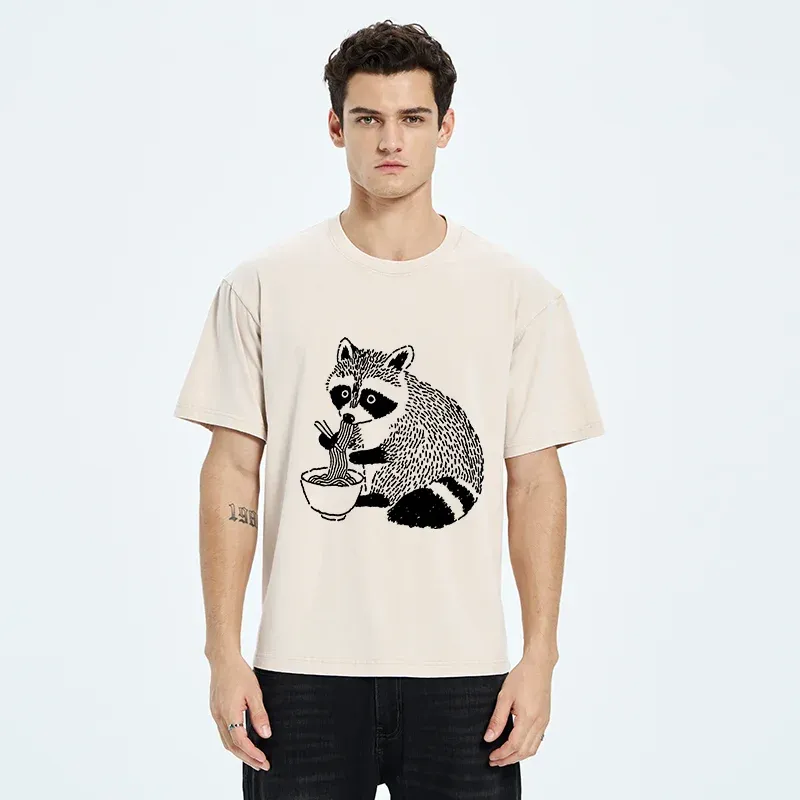 Tokyo-Tiger Cute Raccoon Eating Ramen Washed T-Shirt