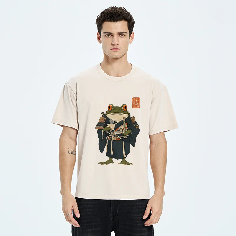 Tokyo-Tiger Frog Samurai Drinking Tea Washed T-Shirt