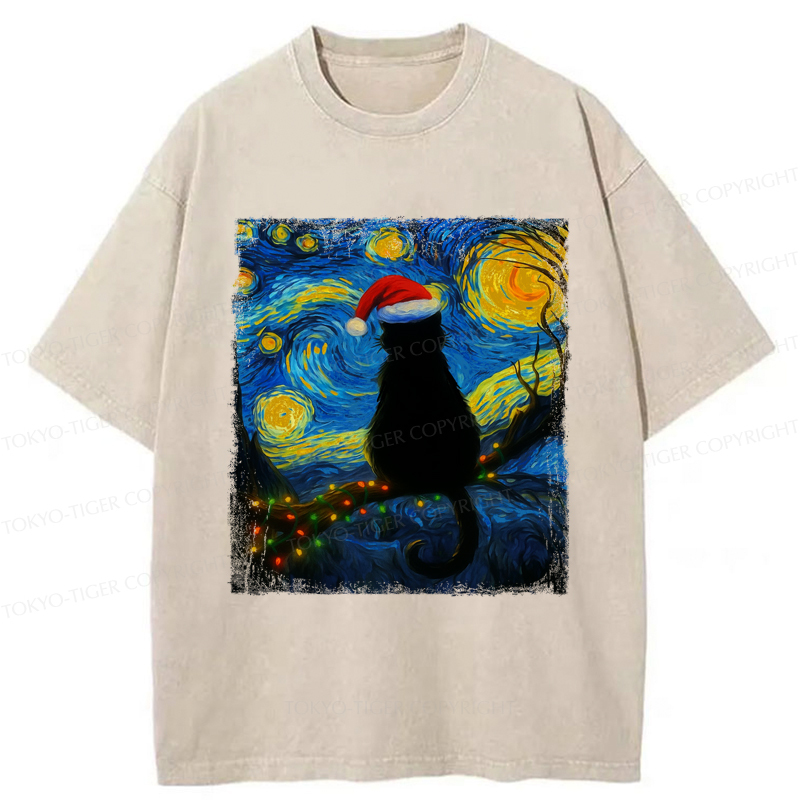 Tokyo-Tiger A Cat’s Christmas Under The Stars Washed T-Shirt