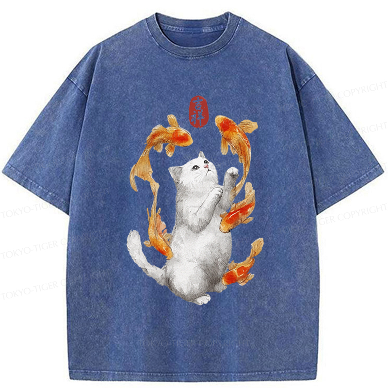 Tokyo-Tiger Zen Cat And The Dancing Fish Washed T-Shirt