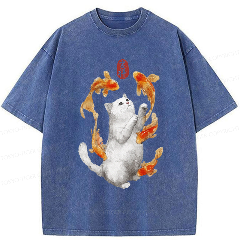 Tokyo-Tiger Zen Cat And The Dancing Fish Washed T-Shirt