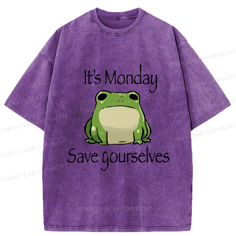 Tokyo-Tiger Funny Frog: It's Monday Save Yourselves Washed T-Shirt