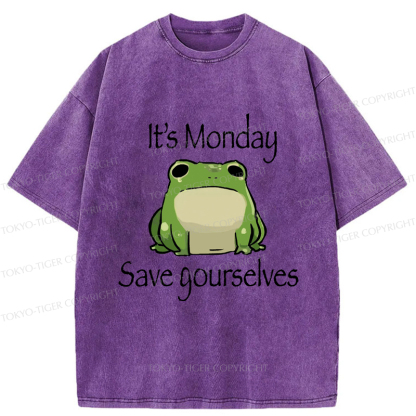 Tokyo-Tiger Funny Frog: It's Monday Save Yourselves Washed T-Shirt