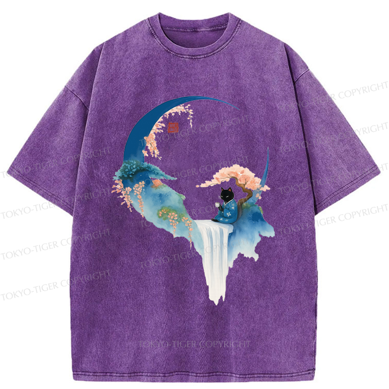 Tokyo-Tiger Tea And Tranquility: A Cat’s Zen Moment Washed T-Shirt