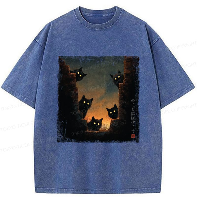 Tokyo-Tiger Five Cats Are Watching You Today Washed T-Shirt