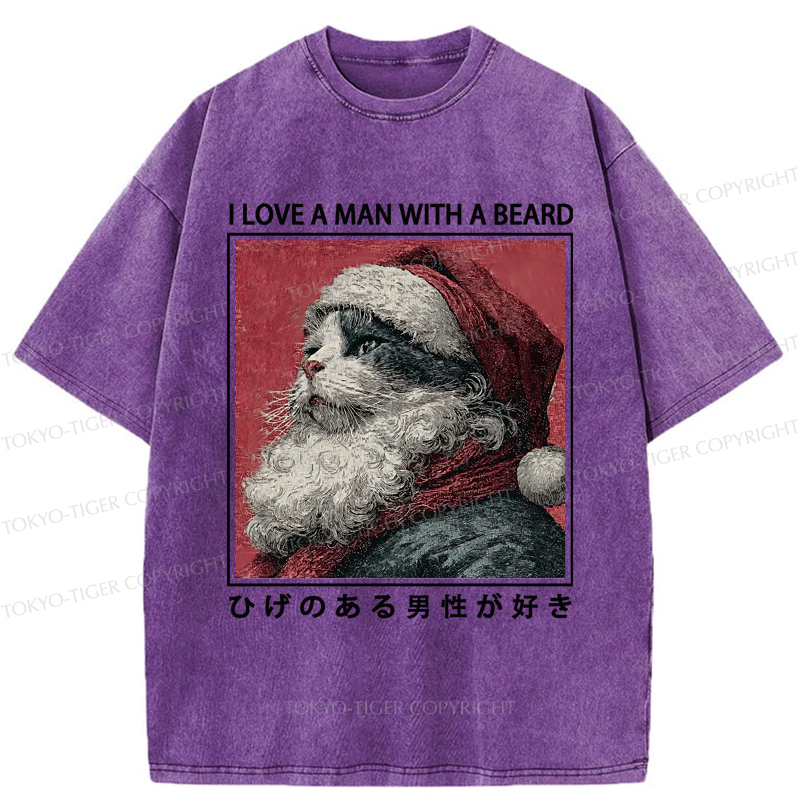 Tokyo-Tiger Funny Christmas Cat:I Love A Man With A Beard Washed T-Shirt