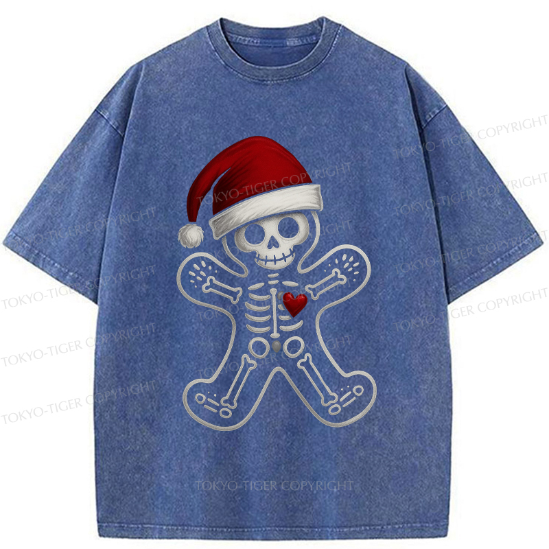 Tokyo-Tiger Funny Christmas Skull Gingerbread Man Washed T-Shirt