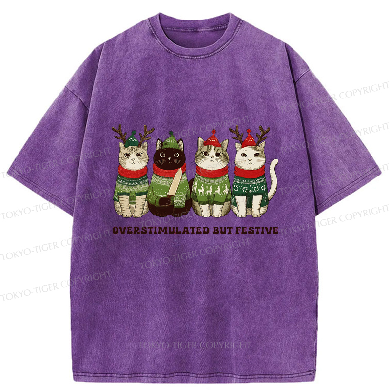 Tokyo-Tiger Overstimulated But Festive Cat Christmas Washed T-Shirt
