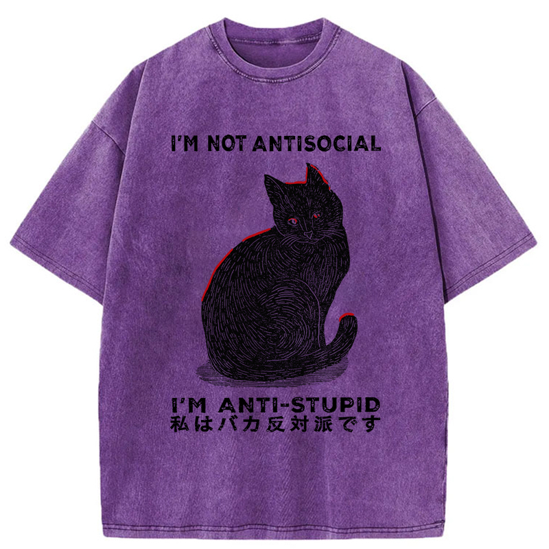 Tokyo-Tiger Funny Cat：I'm Not Antisocial I'm Anti-Stupid Washed T-Shirt
