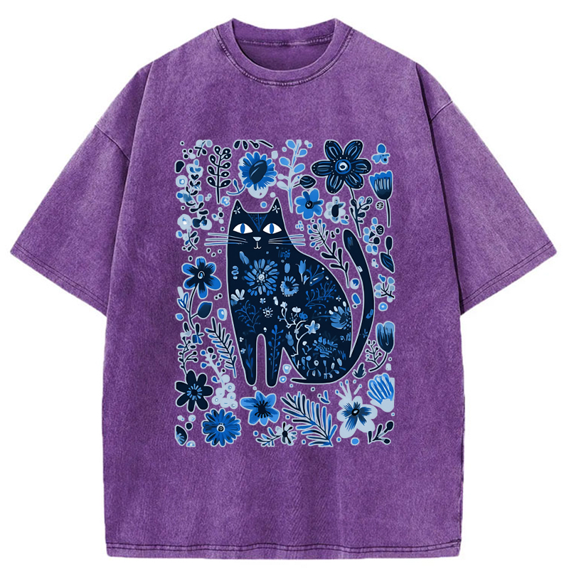 Tokyo-Tiger A Cat Among Flowers Washed T-Shirt
