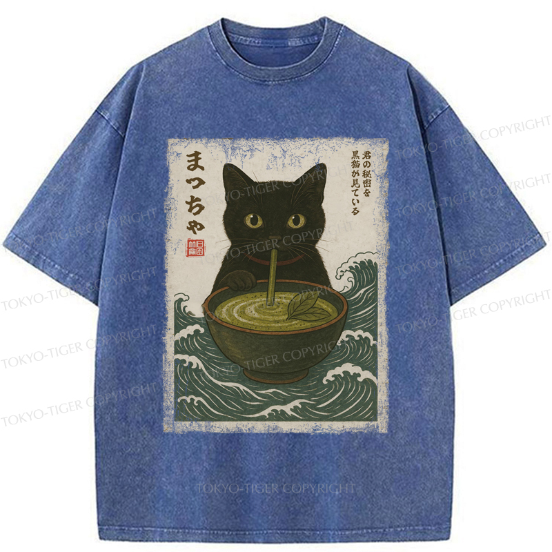 Tokyo-Tiger Black Cat and Matcha with Waves Washed T-Shirt