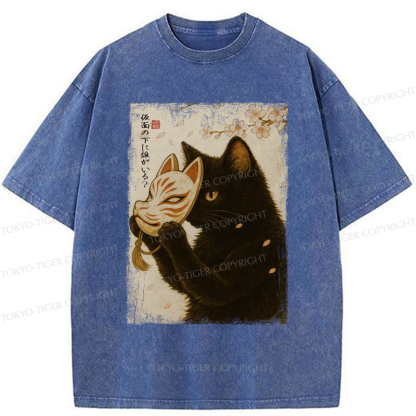 Tokyo-Tiger Cat Taking Off The Mask Japan Washed T-Shirt