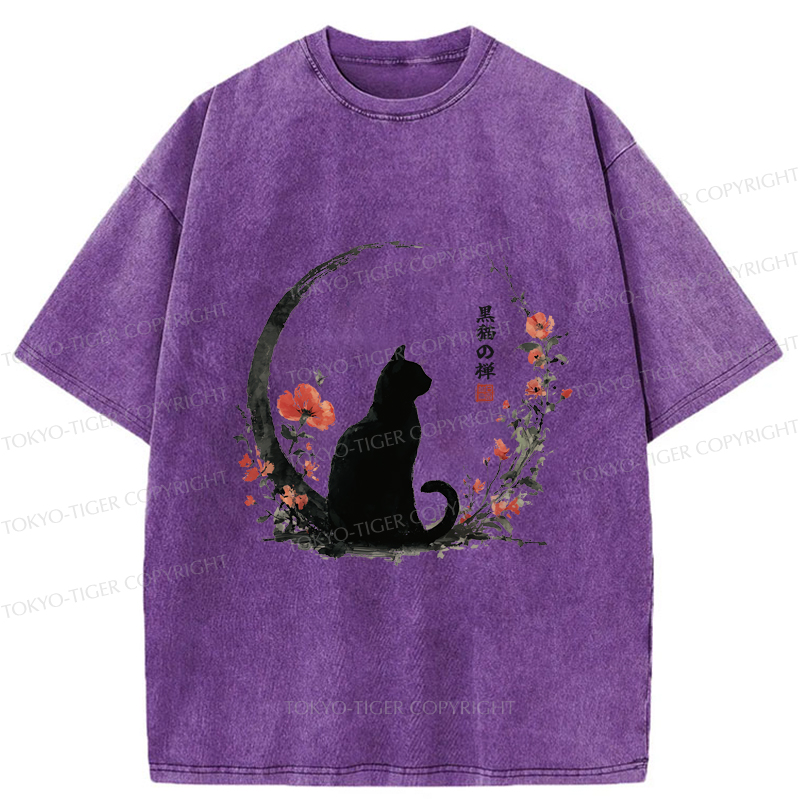 Tokyo-Tiger Black Cat And Flowers Washed T-Shirt