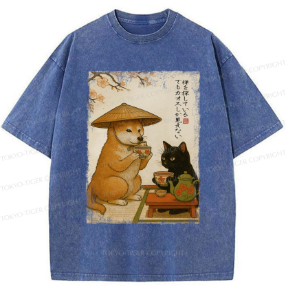 Tokyo-Tiger Tea Time with Shiba Inu and Black Cat Washed T-Shirt