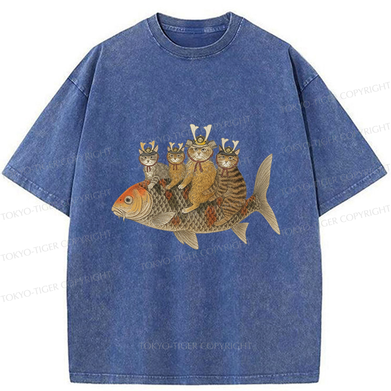 Tokyo-Tiger Funny Samurai Cat Riding a Fish Washed T-Shirt
