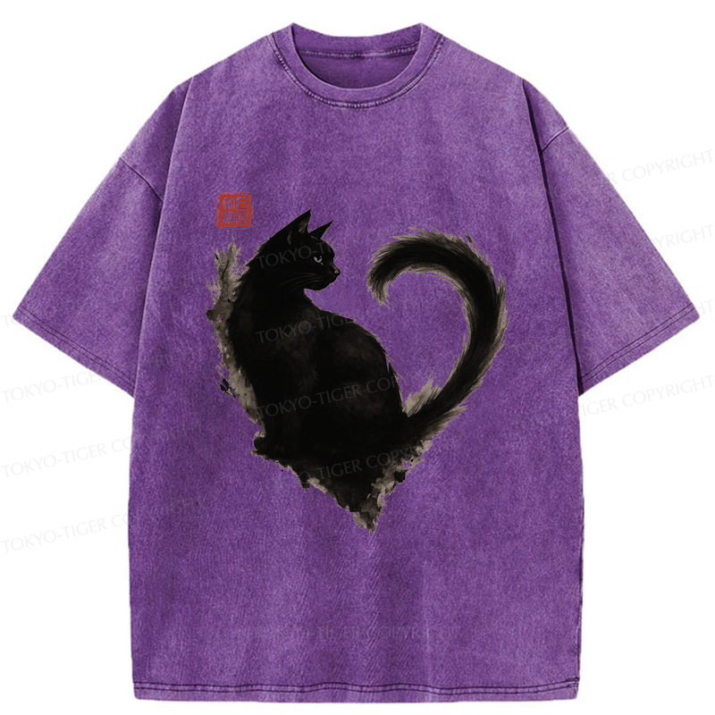 Tokyo-Tiger Funny Heart-Shaped Ink Cat Washed T-Shirt