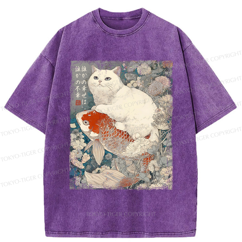 Tokyo-Tiger Japanese Cat Koi Fish Washed T-Shirt