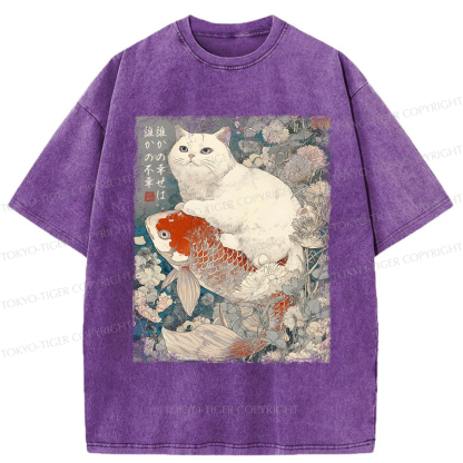Tokyo-Tiger Japanese Cat Koi Fish Washed T-Shirt