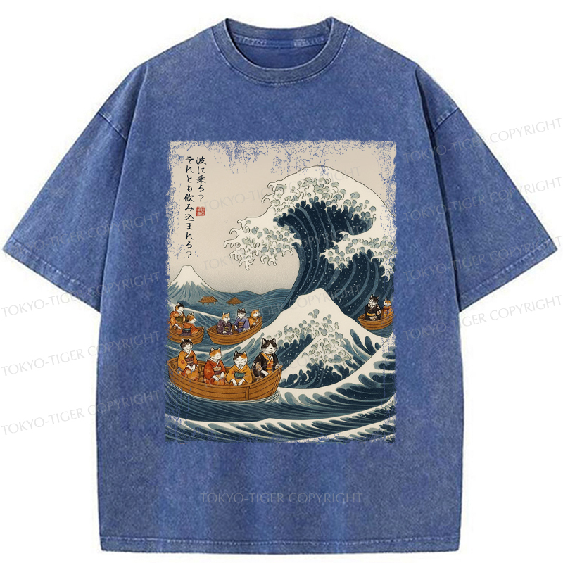 Tokyo-Tiger Japanese Cat Surfing Ukiyo-e Washed T-Shirt