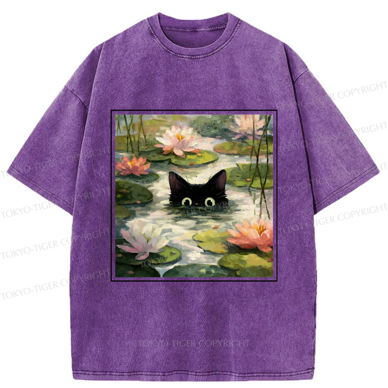 Tokyo-Tiger Black Cat and Lotus Flower Washed T-Shirt