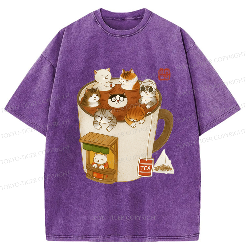 Tokyo-Tiger Funny Cat Brewing Tea Washed T-Shirt