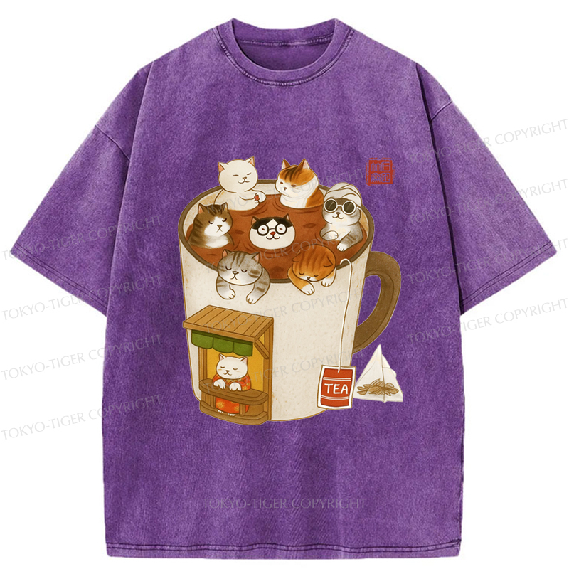 Tokyo-Tiger Funny Cat Brewing Tea Washed T-Shirt