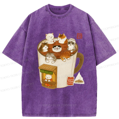 Tokyo-Tiger Funny Cat Brewing Tea Washed T-Shirt