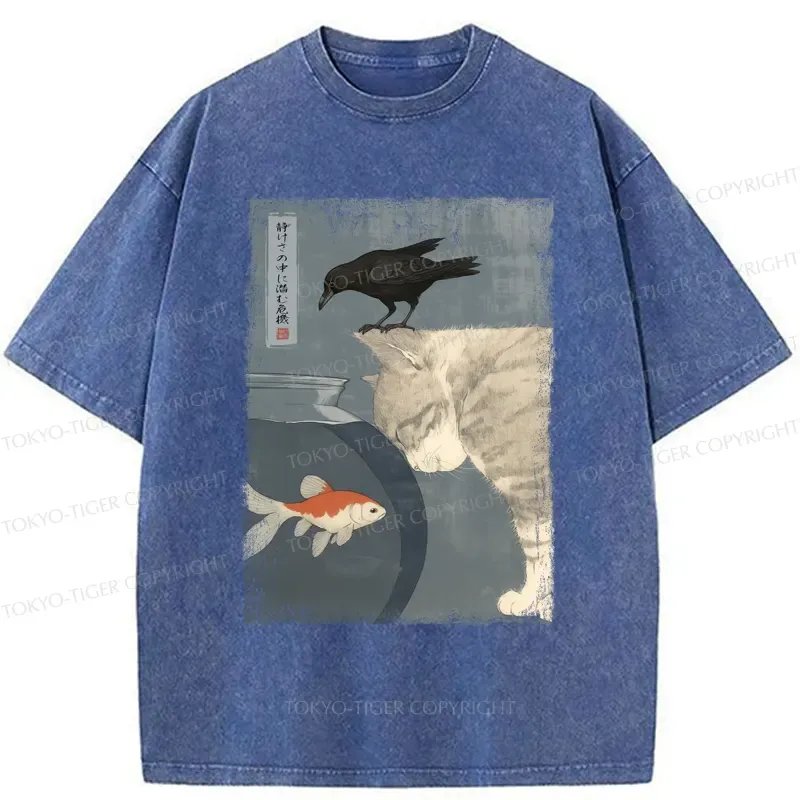 Tokyo-Tiger Crow And Cat Watching Fish T-Shirt