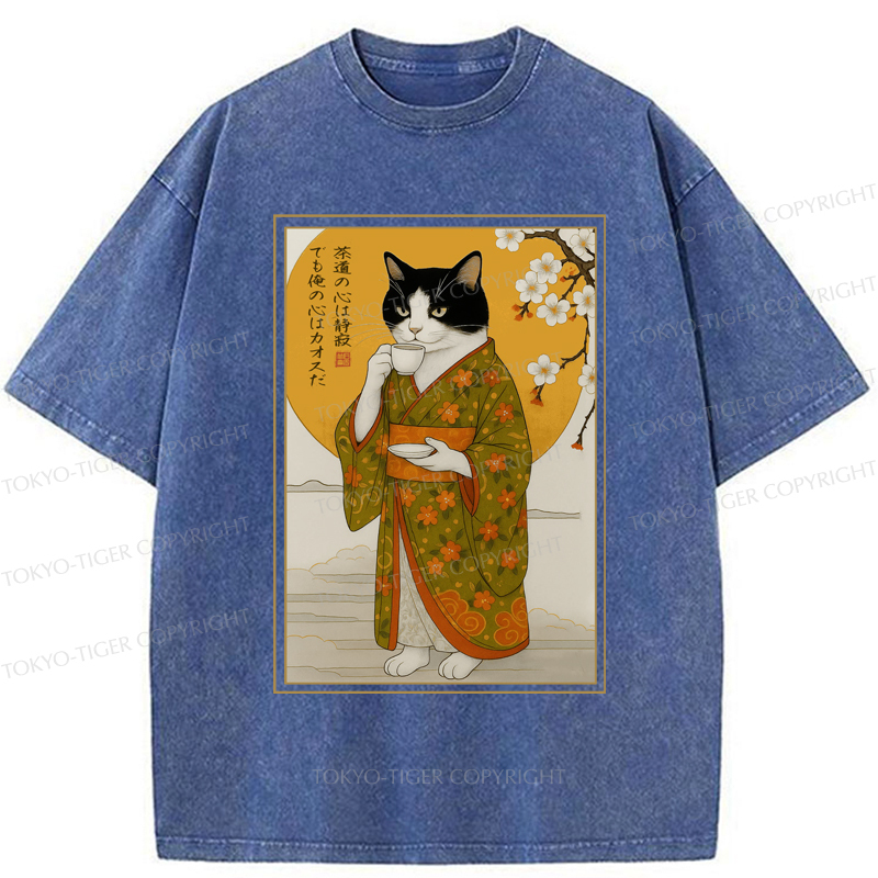 Tokyo-Tiger Cat Serene Tea Chaotic Soul Washed T-Shirt