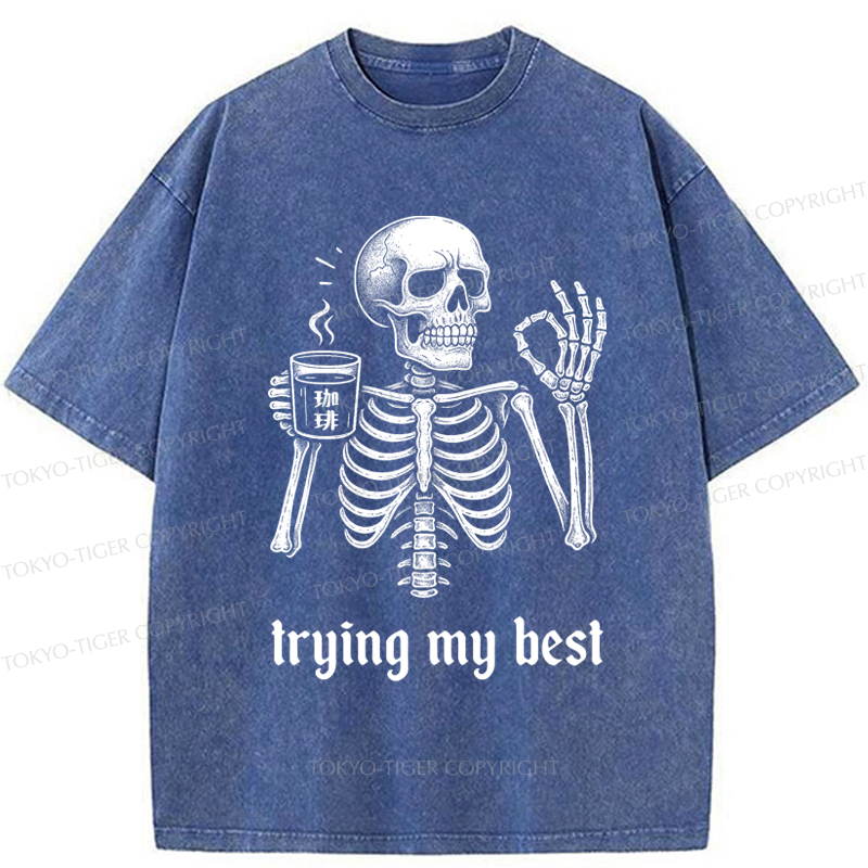 Tokyo-Tiger Skull Trying His Best Washed T-Shirt