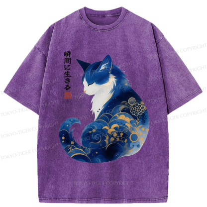 Tokyo-Tiger Retro Zen Cat: Living the Present Washed T-Shirt