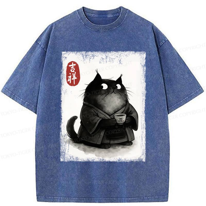 Tokyo-Tiger The Black Cat’s Tea Ritual Zen Ink Painting Washed T-Shirt