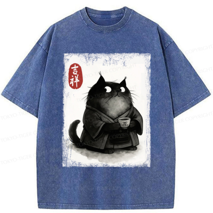 Tokyo-Tiger The Black Cat’s Tea Ritual Zen Ink Painting Washed T-Shirt
