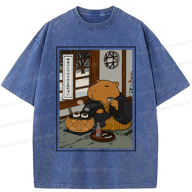 Tokyo-Tiger The Silly Capybara is Drinking Tea Zen Washed T-Shirt