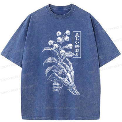 Tokyo-Tiger Funny Halloween Skull Flower Washed T-Shirt