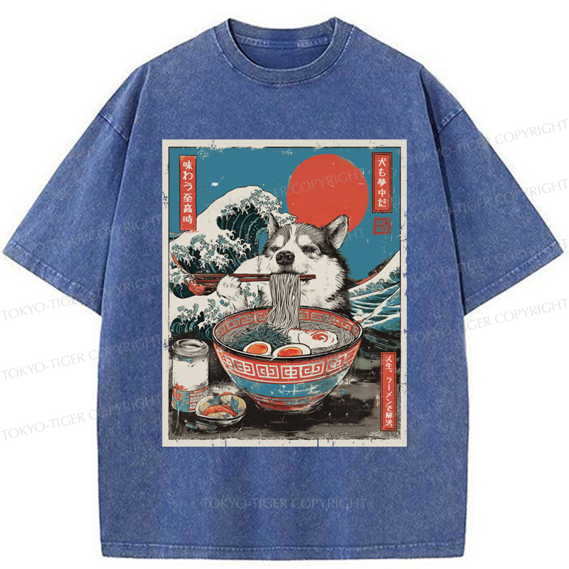 Tokyo-Tiger Ukiyo-e Style: A Funny Dog Eating Ramen Washed T-Shirt
