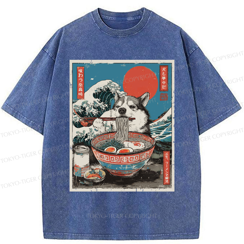 Tokyo-Tiger Ukiyo-e Style: A Funny Dog Eating Ramen Washed T-Shirt