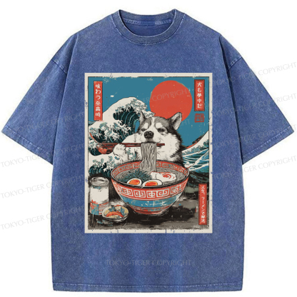 Tokyo-Tiger Ukiyo-e Style: A Funny Dog Eating Ramen Washed T-Shirt