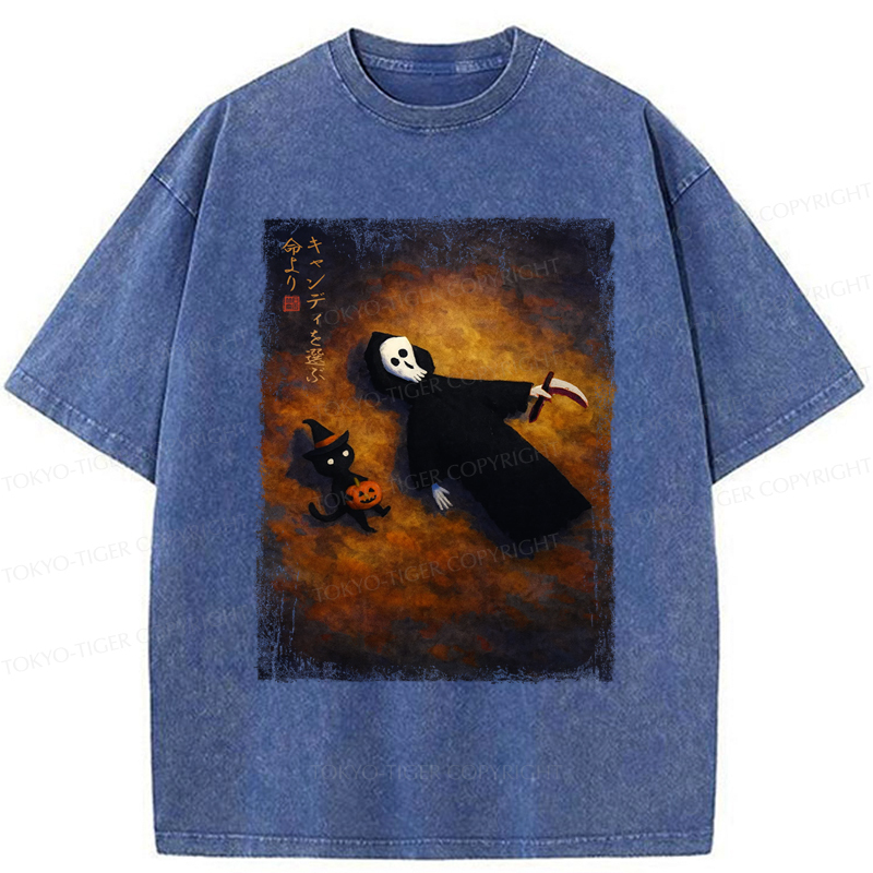 Tokyo-Tiger Skeleton And Cat Choose Candy Over Life On Halloween Washed T-Shirt