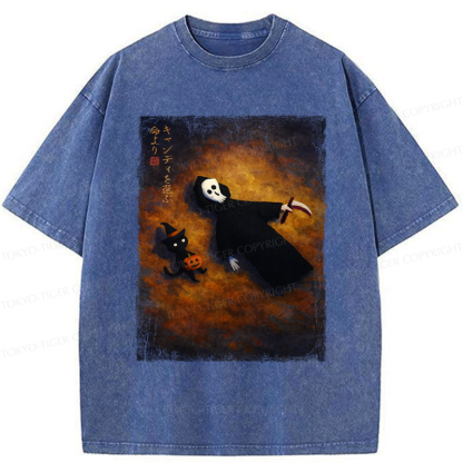 Tokyo-Tiger Skeleton And Cat Choose Candy Over Life On Halloween Washed T-Shirt